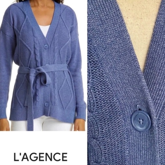 L’AGENCE MICA BELTED CABLE KNIT DUSTY BLUE COTTON CARDIGAN SWEATER SIZE XXL/TTG - Picture 3 of 11